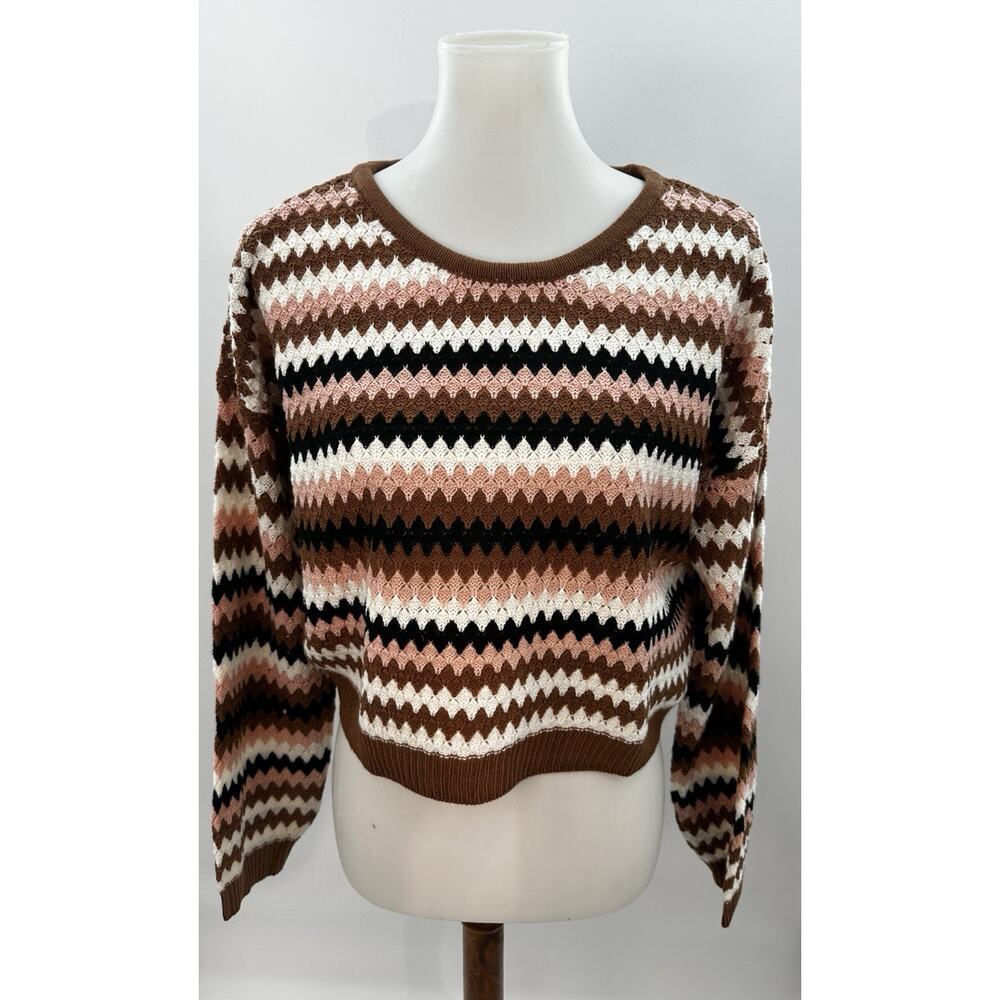 NYC Knits Cropped Striped Sweater Size L Brown Pink Black Retro Knit Top